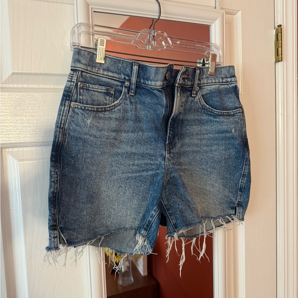 Express High Waisted Medium Wash Raw Hem Midi Jean Shorts - Picture 2 of 6